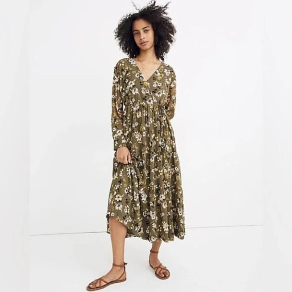 Madewell Cinch-Waist Tiered Midi Dress in Wildblooms Olive Green Long Sleeve NWT